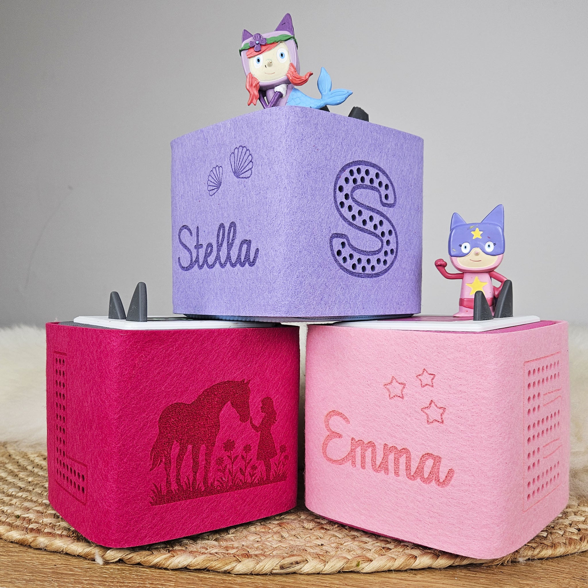 Personalisierte Tonieboxhülle, Schutzhülle für die Toniebox personalisiert, Farbwahl, Motivwahl, Wunschname, Akustiköffnung, Mädchen