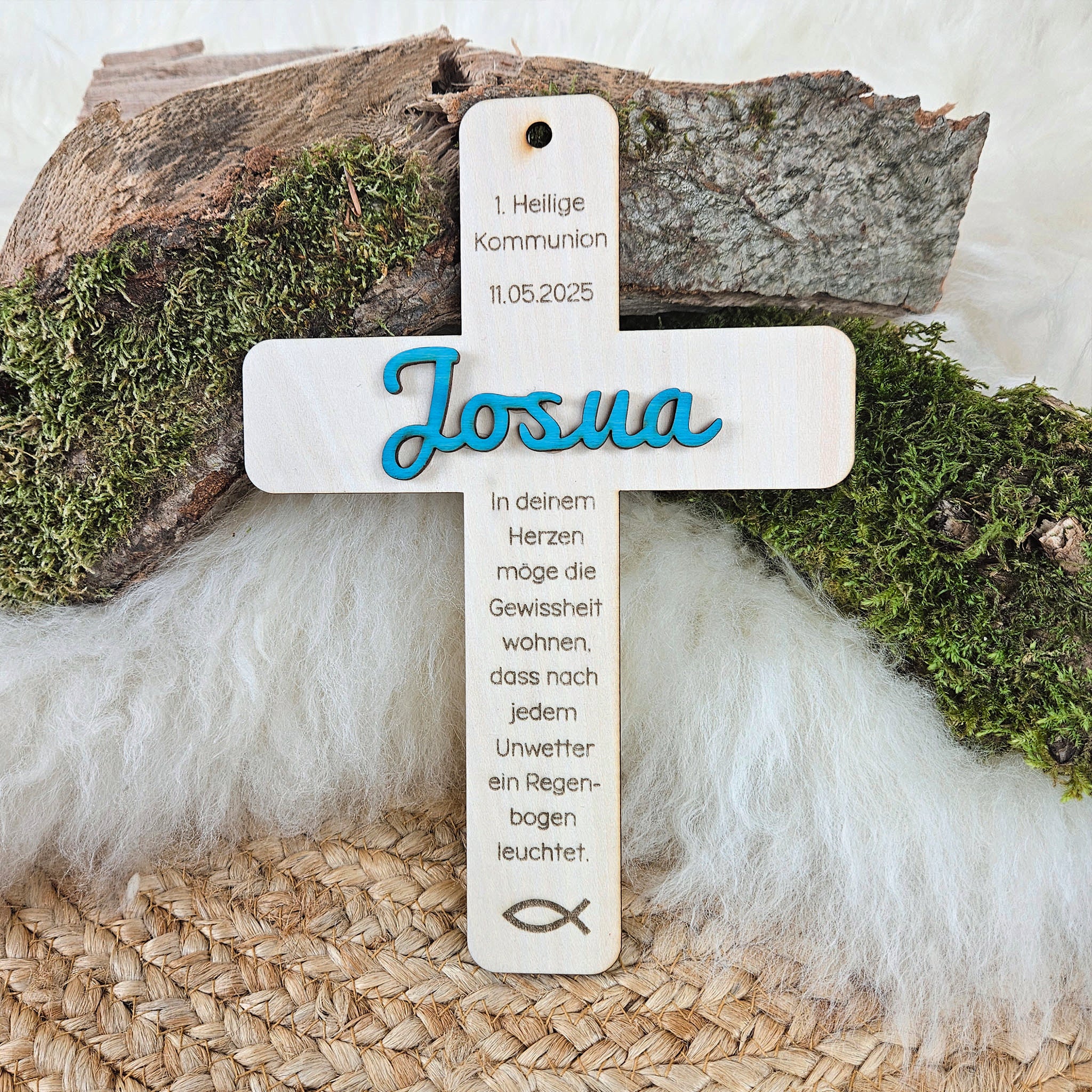 Personalisiertes Kreuz zu Taufe, Segnung - 3D Holzkreuz mit Namen (türkis) & Wunschspruch