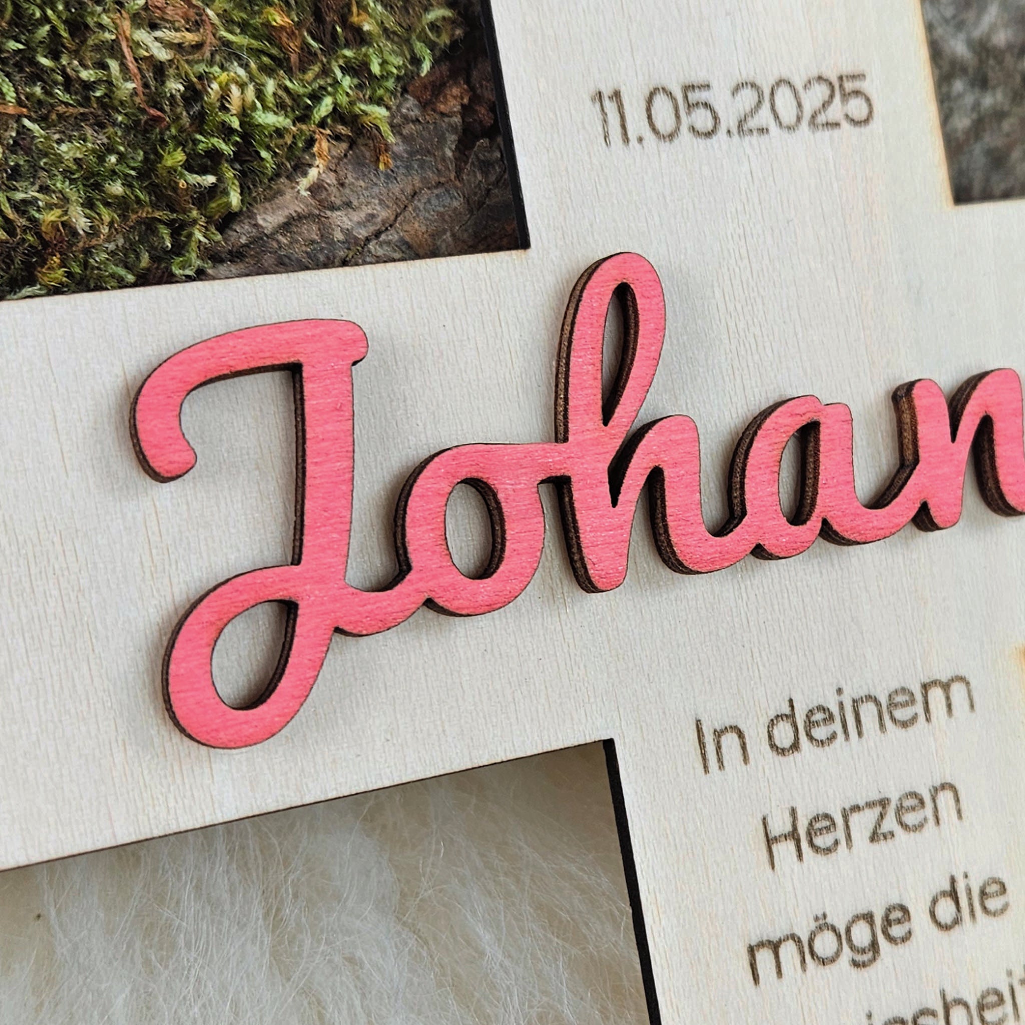 Personalisiertes Kreuz zu Taufe, Segnung - 3D Holzkreuz mit Namen (rosa) & Wunschspruch