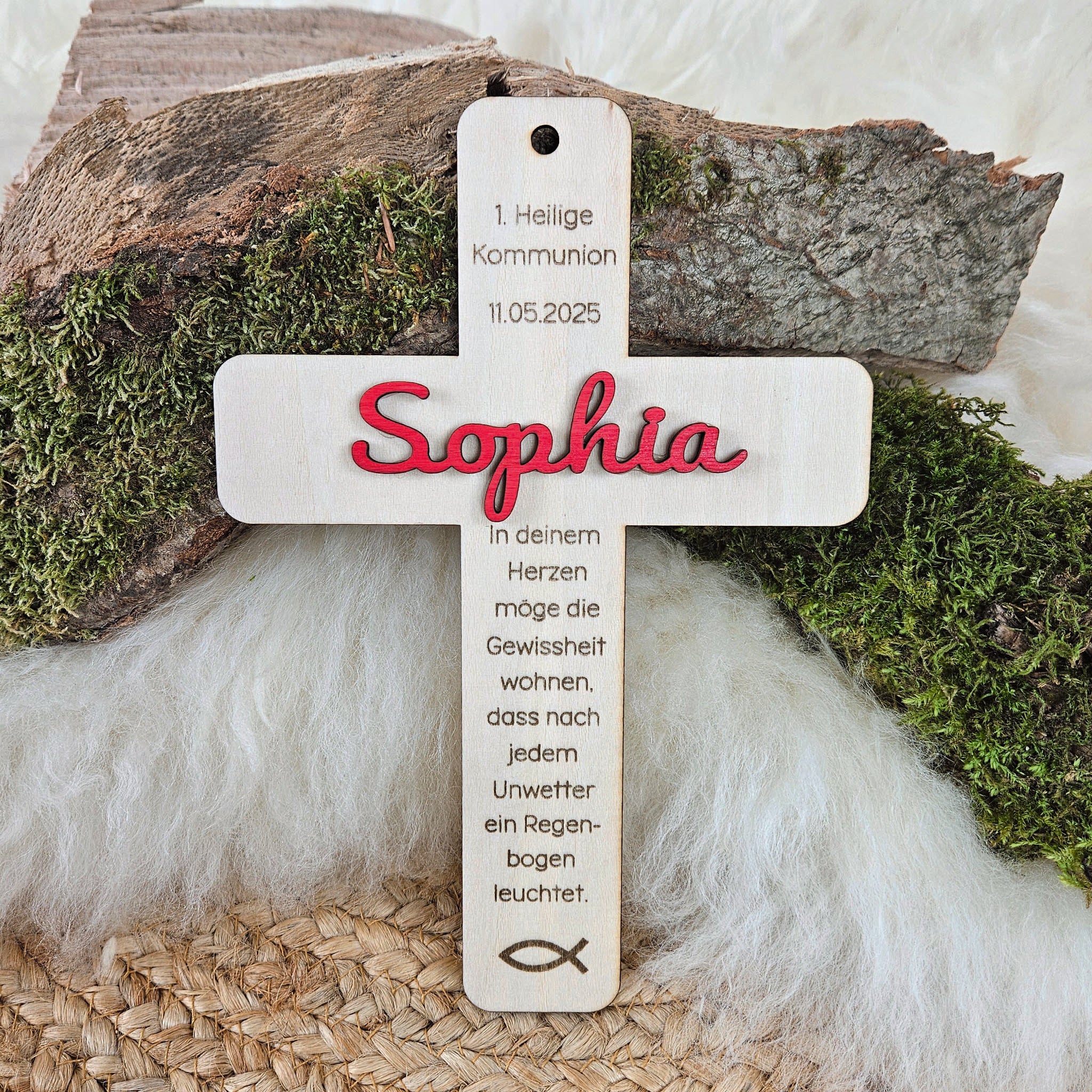 Personalisiertes Kreuz zu Taufe, Segnung - 3D Holzkreuz mit Namen (rot) & Wunschspruch