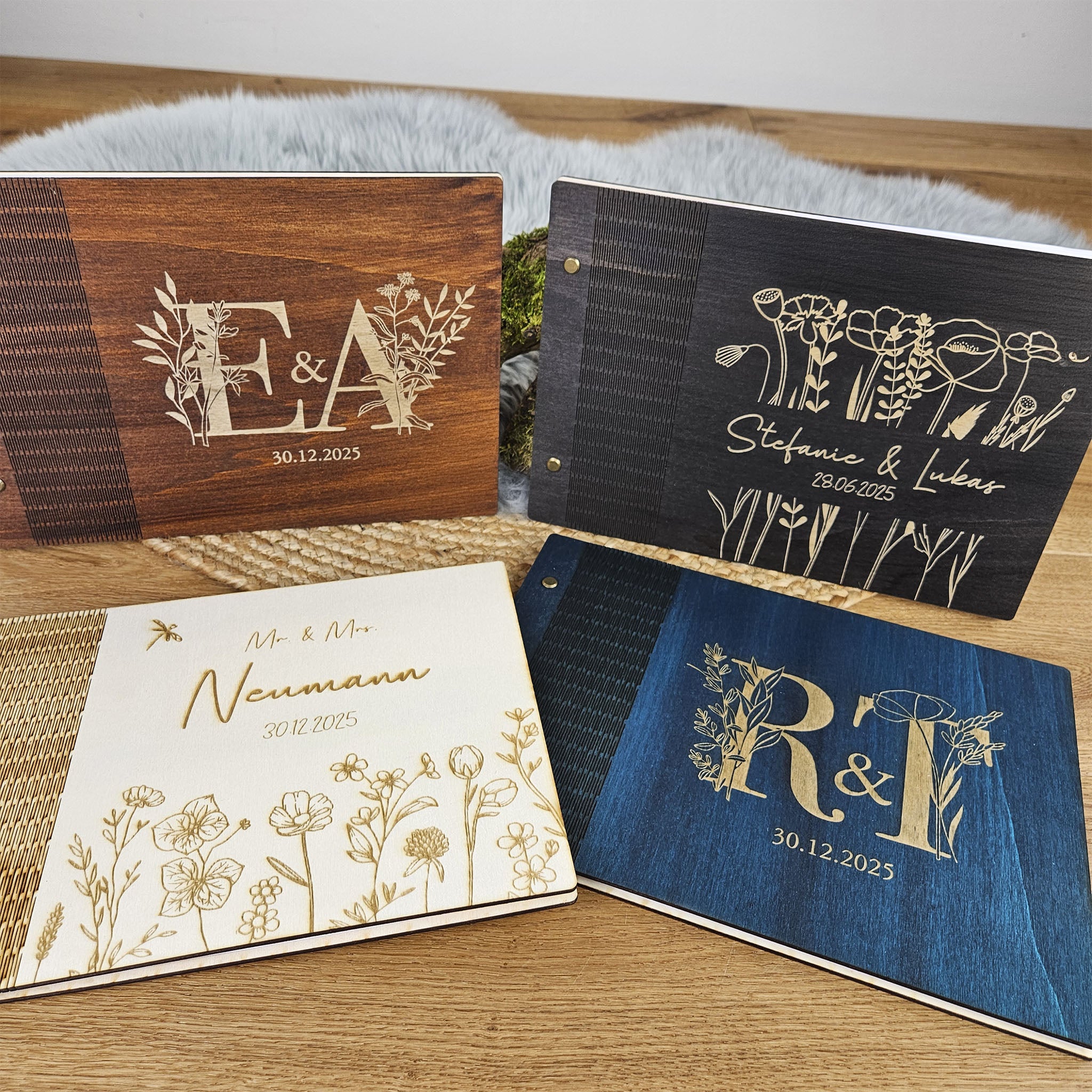 Personalisiertes Holz-Gästebuch Geburtstag, Farbwahl, Motiv "Zweige", Holzbuch