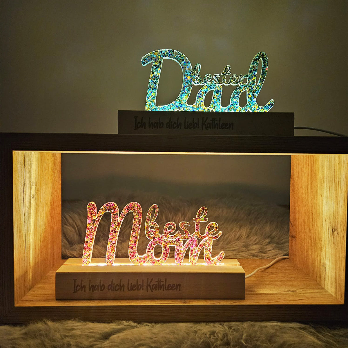 "Bester Dad" (besterPapa), personalisierte Tischlampe / Licht / Nachtlich Glitter-Konfetti gold, LED Lampe mit Wunschgravur (Kopie)