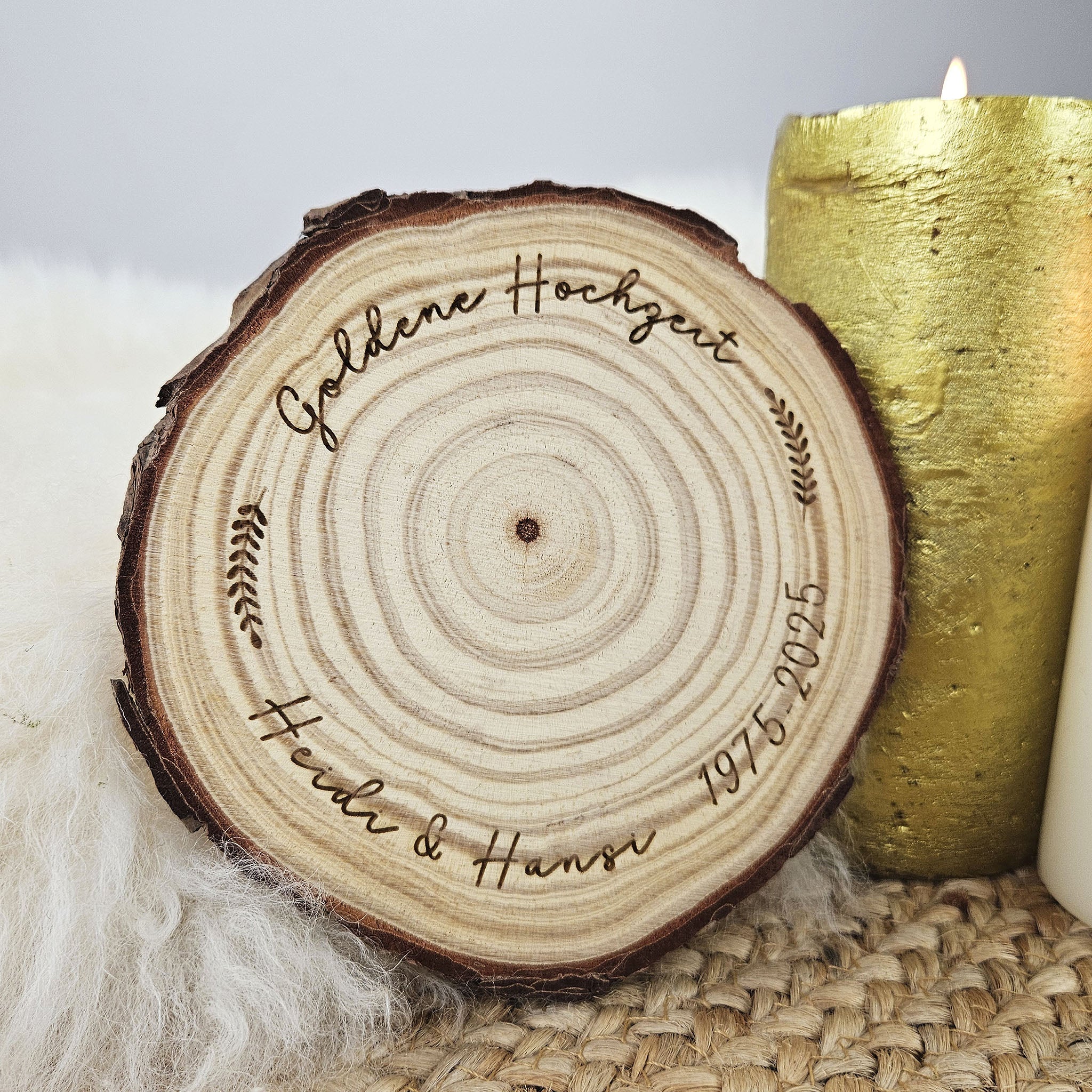 Personalisierte Kerzenteller Baumscheibe, Kerzenuntersetzer mit Wunschgravur, Hochzeit Kommunion Taufe Geburtstag Silberhochzeit