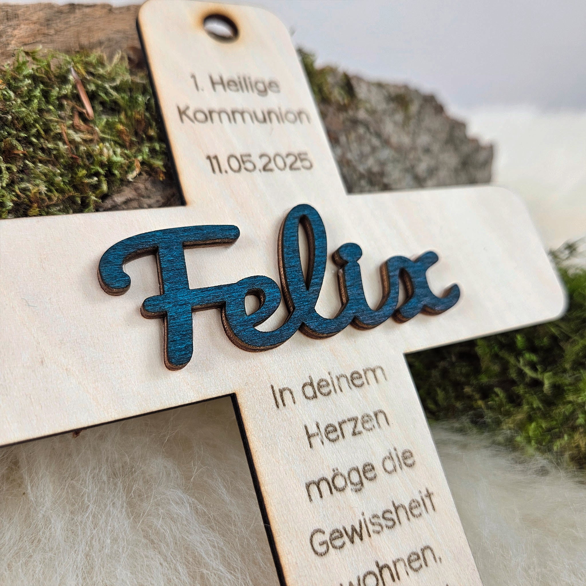 Personalisiertes Kreuz zu Taufe, Segnung - 3D Holzkreuz mit Namen (petrol) & Wunschspruch