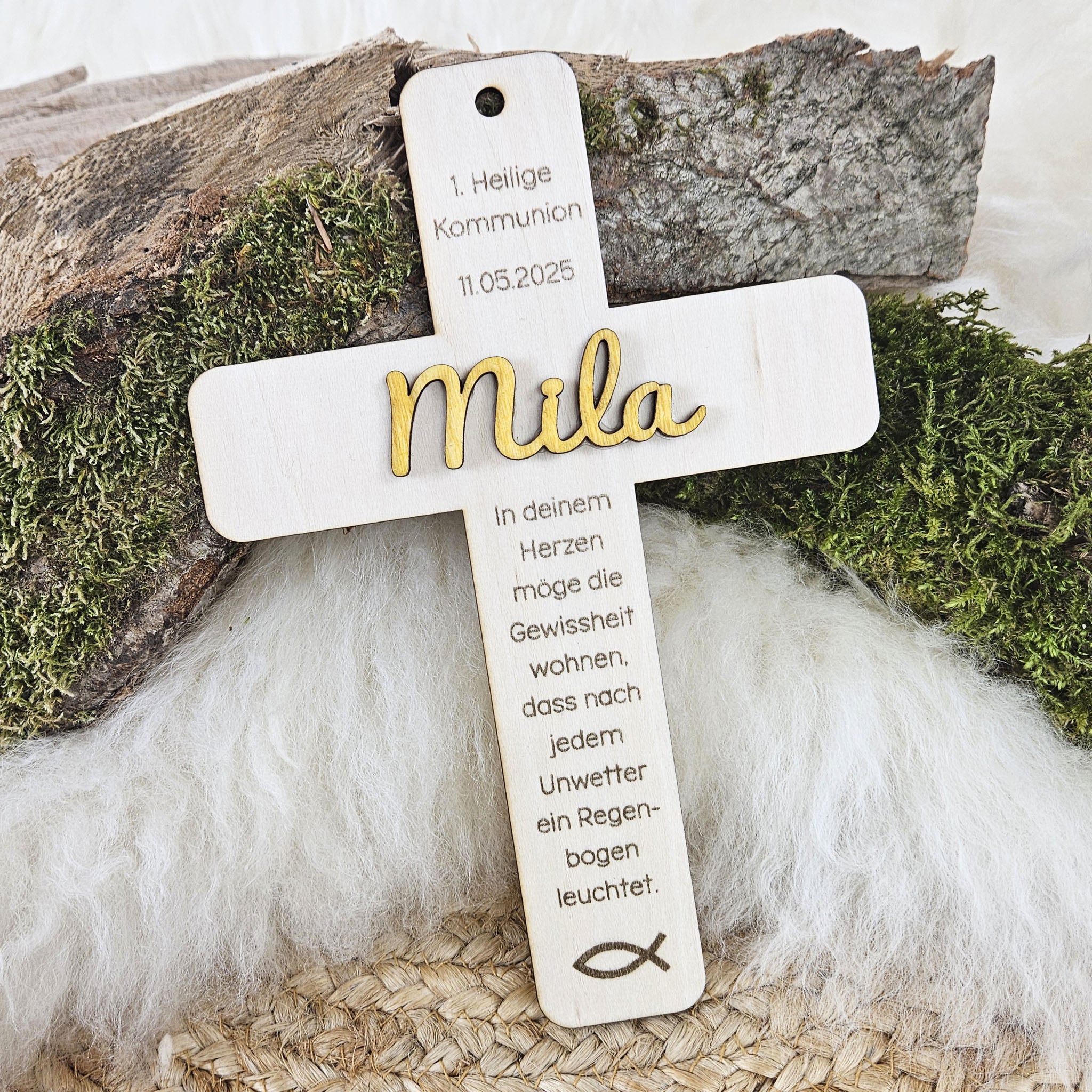 Personalisiertes Kreuz zu Taufe, Segnung - 3D Holzkreuz mit Namen & Wunschspruch