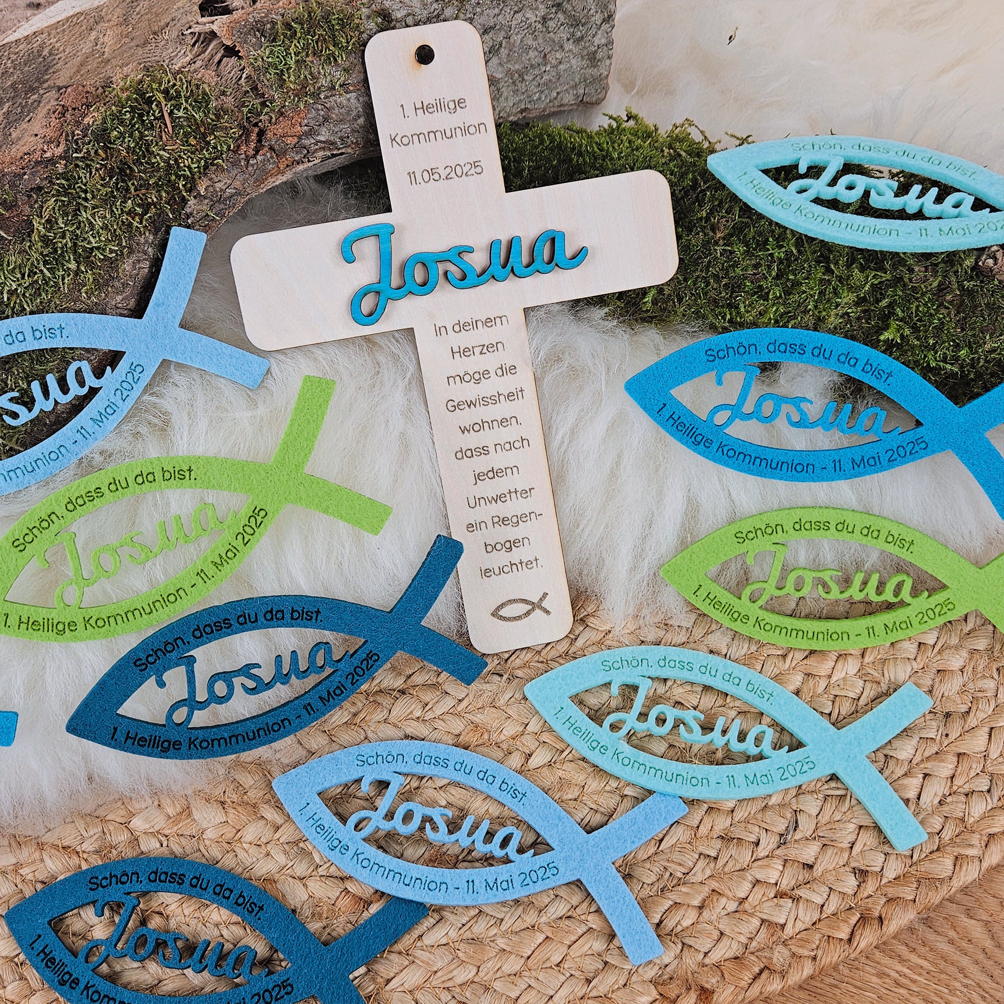 Personalisierte Tischdeko "große Fische" Blau-Grüntöne für Kommunion, Taufe, Konfirmation, Segnung