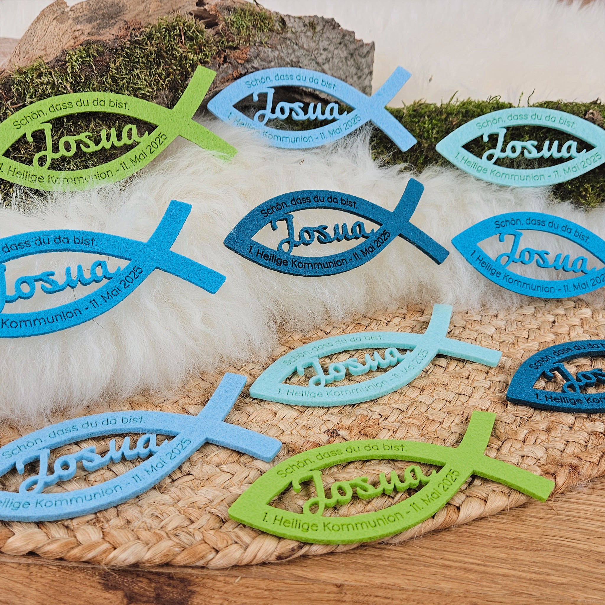 Personalisierte Tischdeko "große Fische" Blau-Grüntöne für Kommunion, Taufe, Konfirmation, Segnung