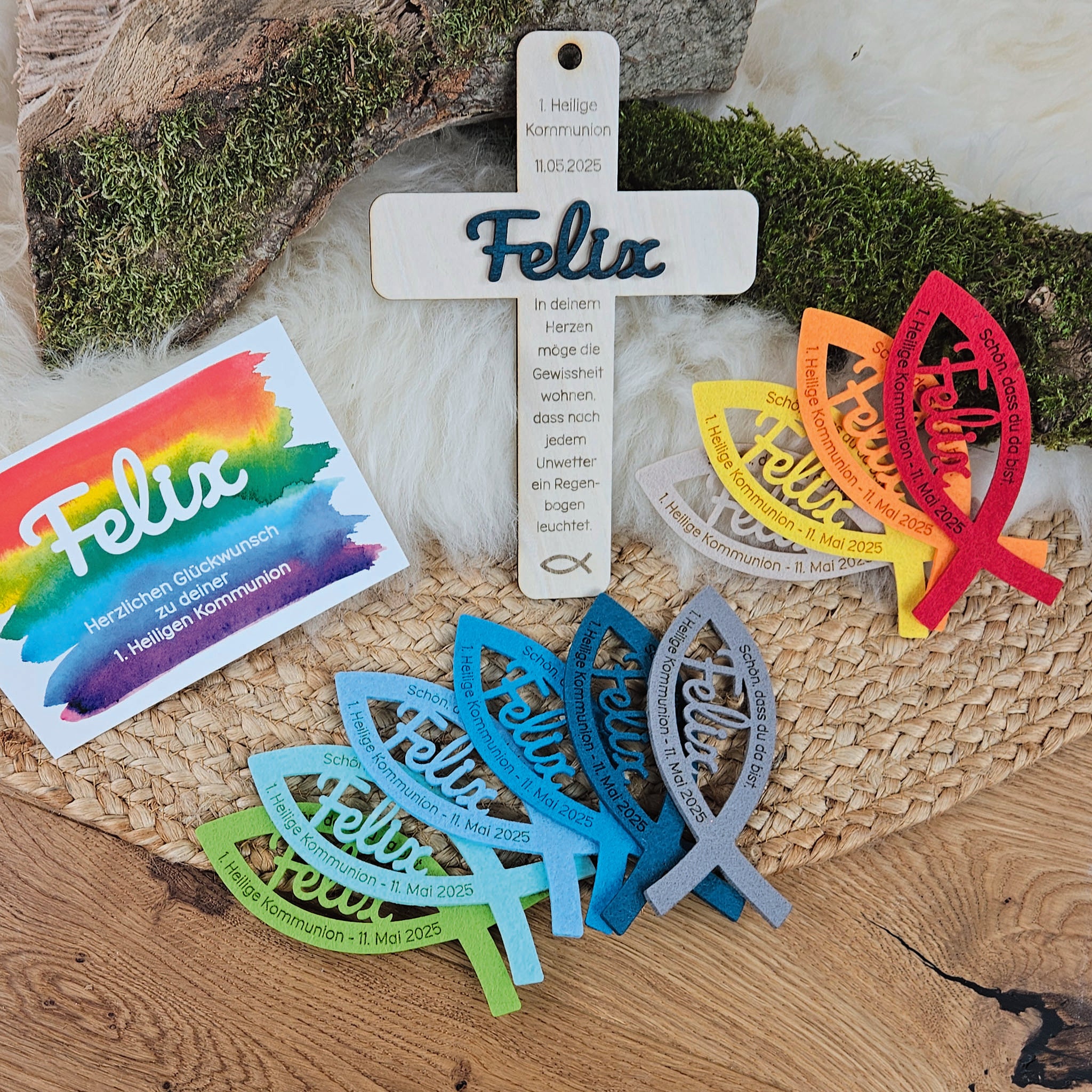 Personalisiertes Kreuz zu Taufe, Segnung - 3D Holzkreuz mit Namen (petrol) & Wunschspruch