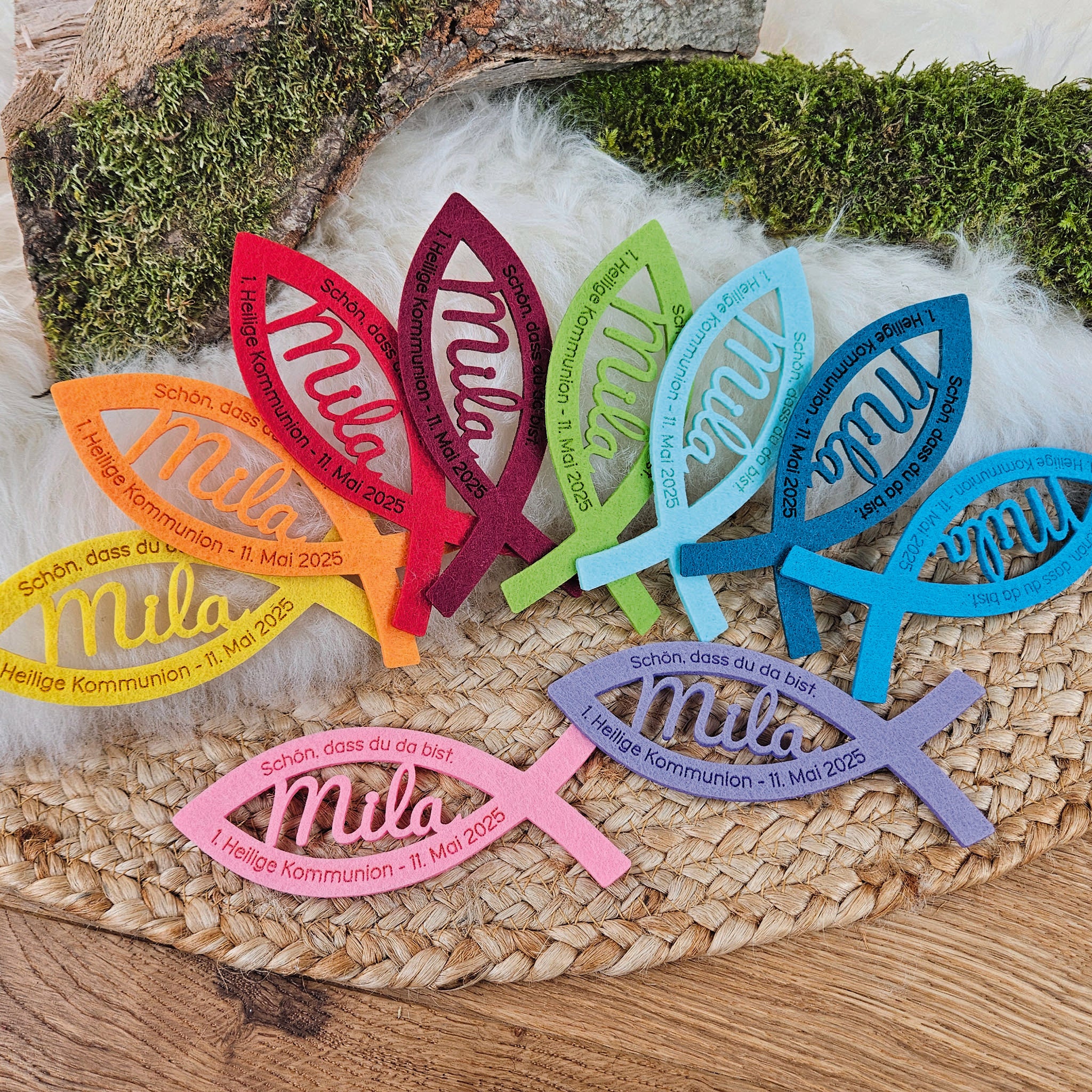 Personalisierte Tischdeko "große Fische" Regenbogenfarben (mit rosa) für Kommunion, Taufe, Konfirmation, Segnung