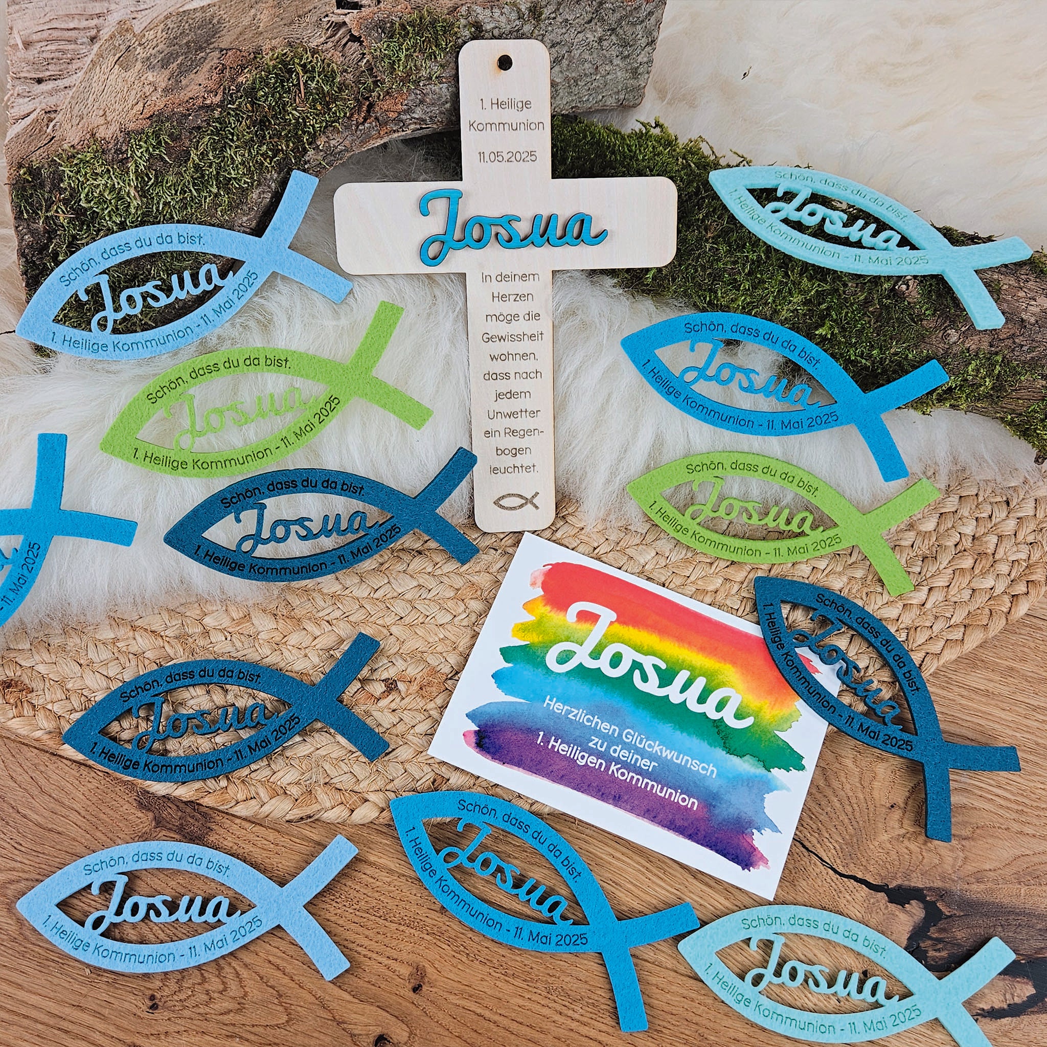 Personalisierte Tischdeko "große Fische" Blau-Grüntöne für Kommunion, Taufe, Konfirmation, Segnung
