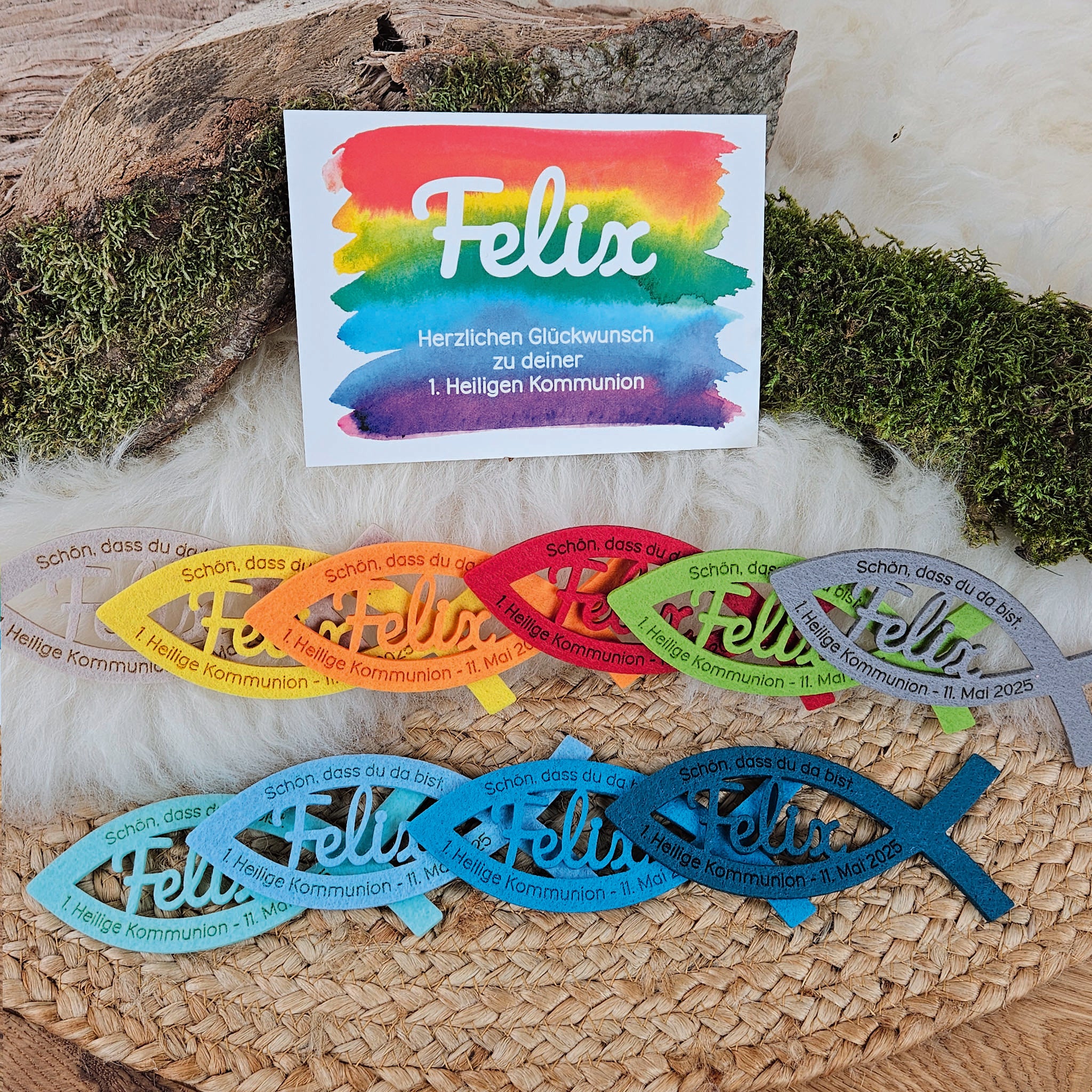 Personalisierte Tischdeko "große Fische" Regenbogenfarben (ohne rosa) für Kommunion, Taufe, Konfirmation, Segnung