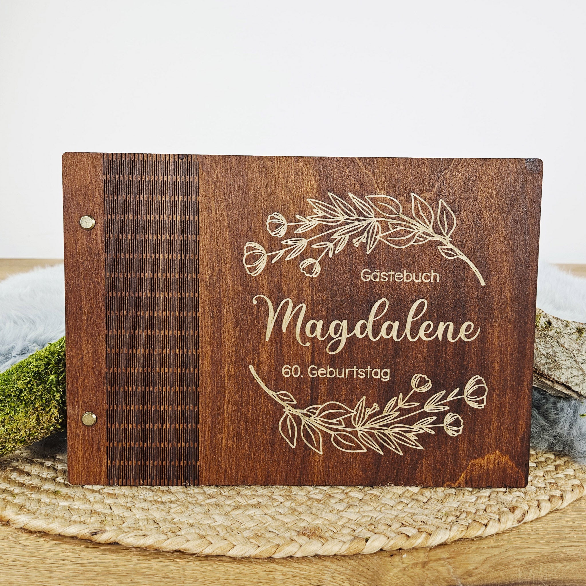 Personalisiertes Holz-Gästebuch Geburtstag, Farbwahl, Motiv "Zweige", Holzbuch
