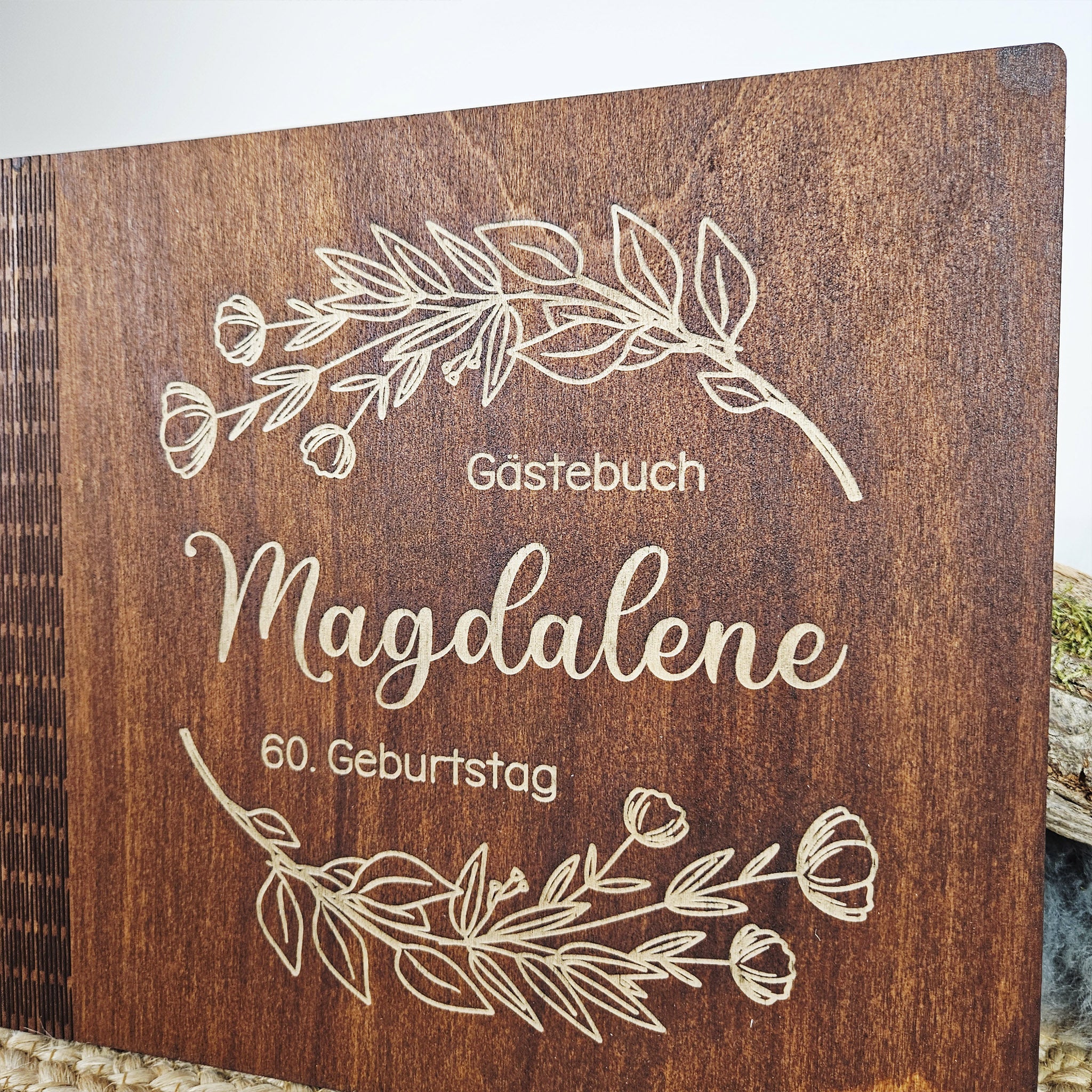 Personalisiertes Holz-Gästebuch Geburtstag, Farbwahl, Motiv "Zweige", Holzbuch