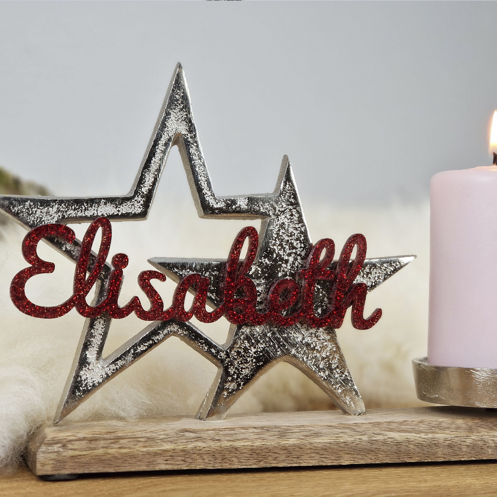 Personalisierter, großer Kerzenhalter "Sterne" mit roter Schrift, Kerzenständer Taufkerze, Kommunionkerze Trauerkerze Sternenkind
