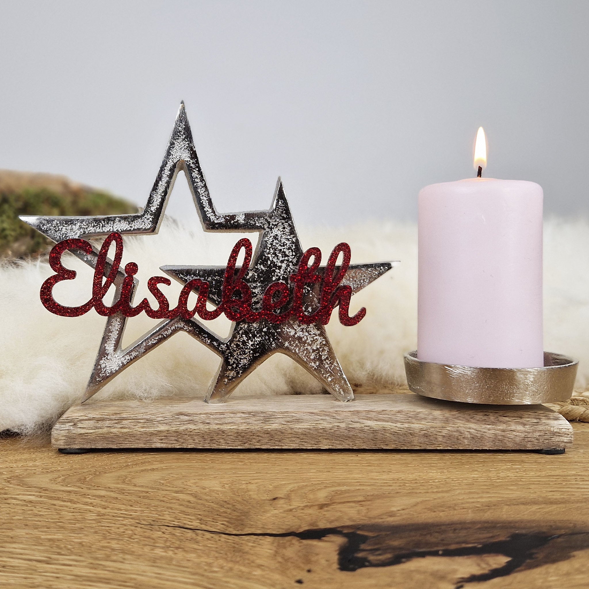 Personalisierter, großer Kerzenhalter "Sterne" mit roter Schrift, Kerzenständer Taufkerze, Kommunionkerze Trauerkerze Sternenkind