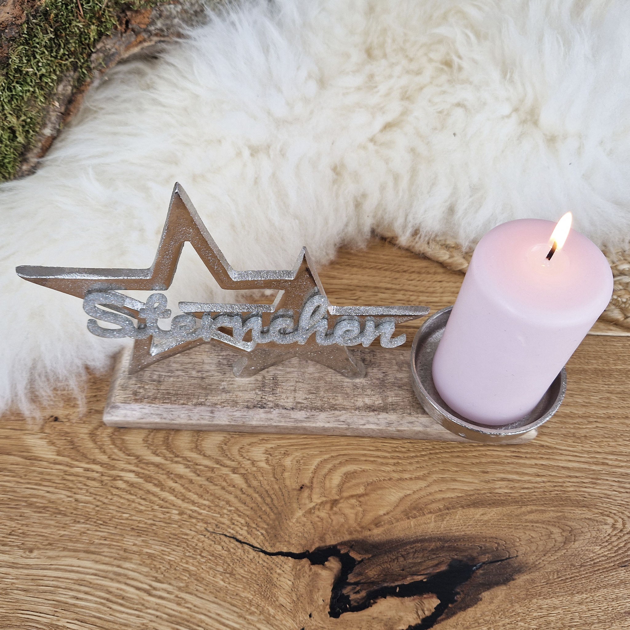 Personalisierter, großer Kerzenhalter "Sterne" mit silberner Schrift, Kerzenständer Kommunionkerze, Taufkerze, Trauerkerze Sternenkind