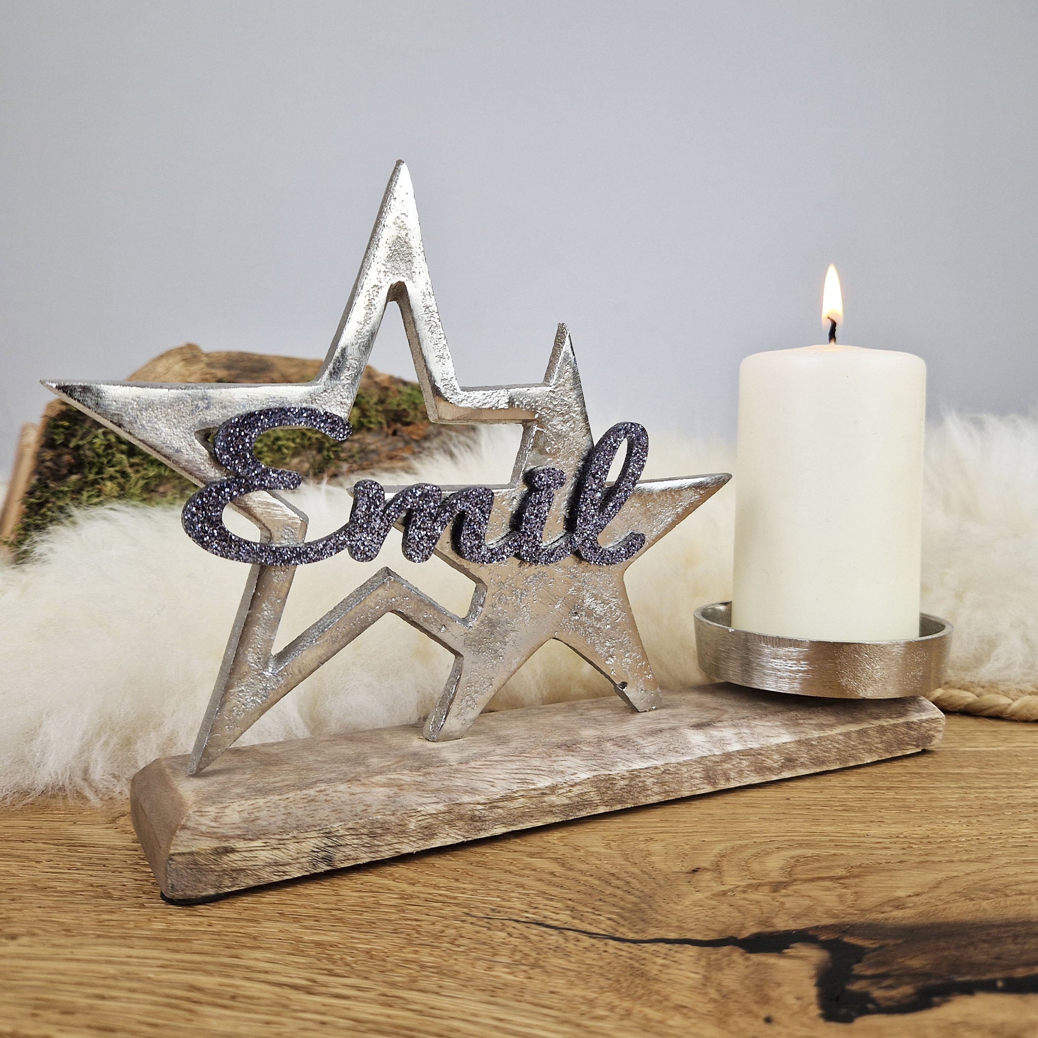 Personalisierter, großer Kerzenhalter "Sterne" mit grauer Schrift, Kerzenständer Taufkerze Trauerkerze Sternenkind