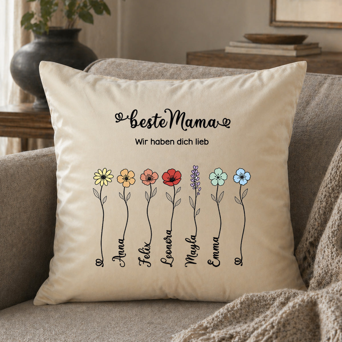 Großes Samt-Kissen "Beste Mama" personalisiert mit deinen Wunschnamen, 50x50cm