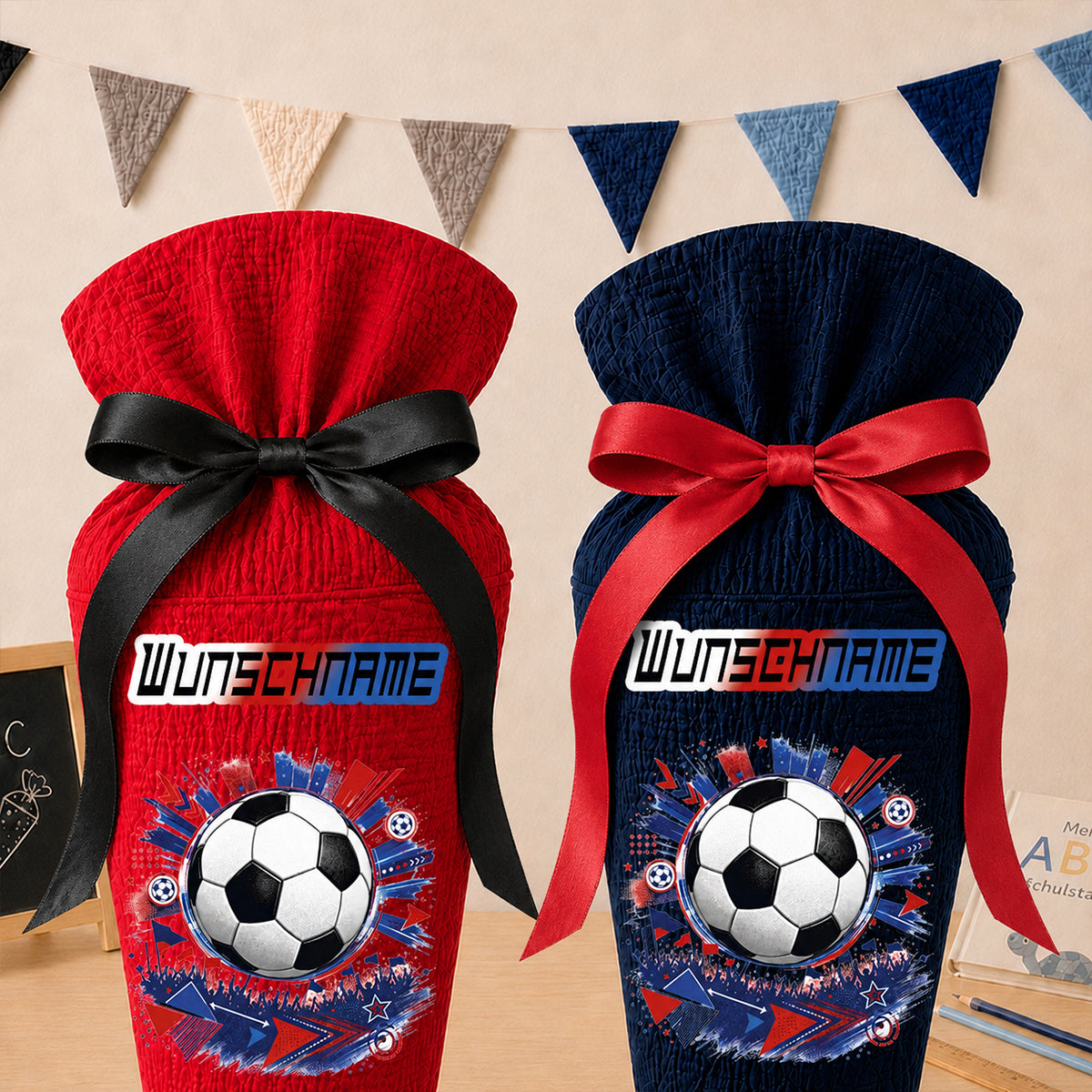 Schultüte Fußball Vereinsfarben Wunschname, personalisierte Schultüte aus Stoff Musselin mit Name individualisierbar, 70cm (85-90cm), 20 Grundfarben