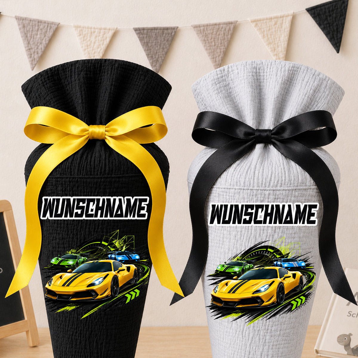 Schultüte Sportwagen mit Wunschname, personalisierte Schultüte aus Stoff Musselin mit Name individualisierbar, 70cm (85-90cm), 20 Grundfarben wählbar