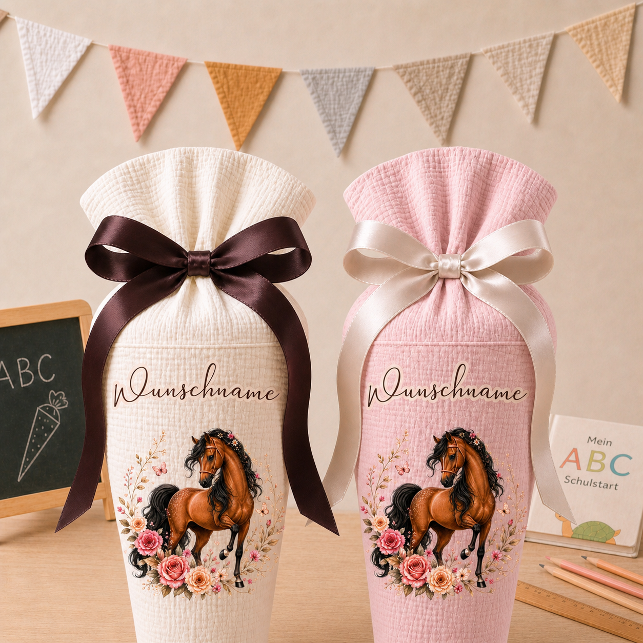 Schultüte Pferd, personalisierte Schultüte aus Stoff Musselin mit Wunschname individualisierbar, 70cm (85-90cm), 20 Grundfarben