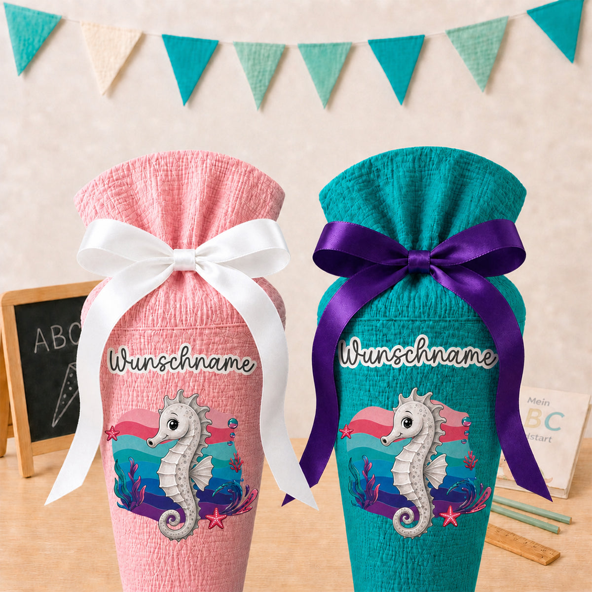 Schultüte Seepferdchen, personalisierte Schultüte aus Stoff Musselin mit Wunschname individualisierbar, 70cm (85-90cm), 20 Grundfarben