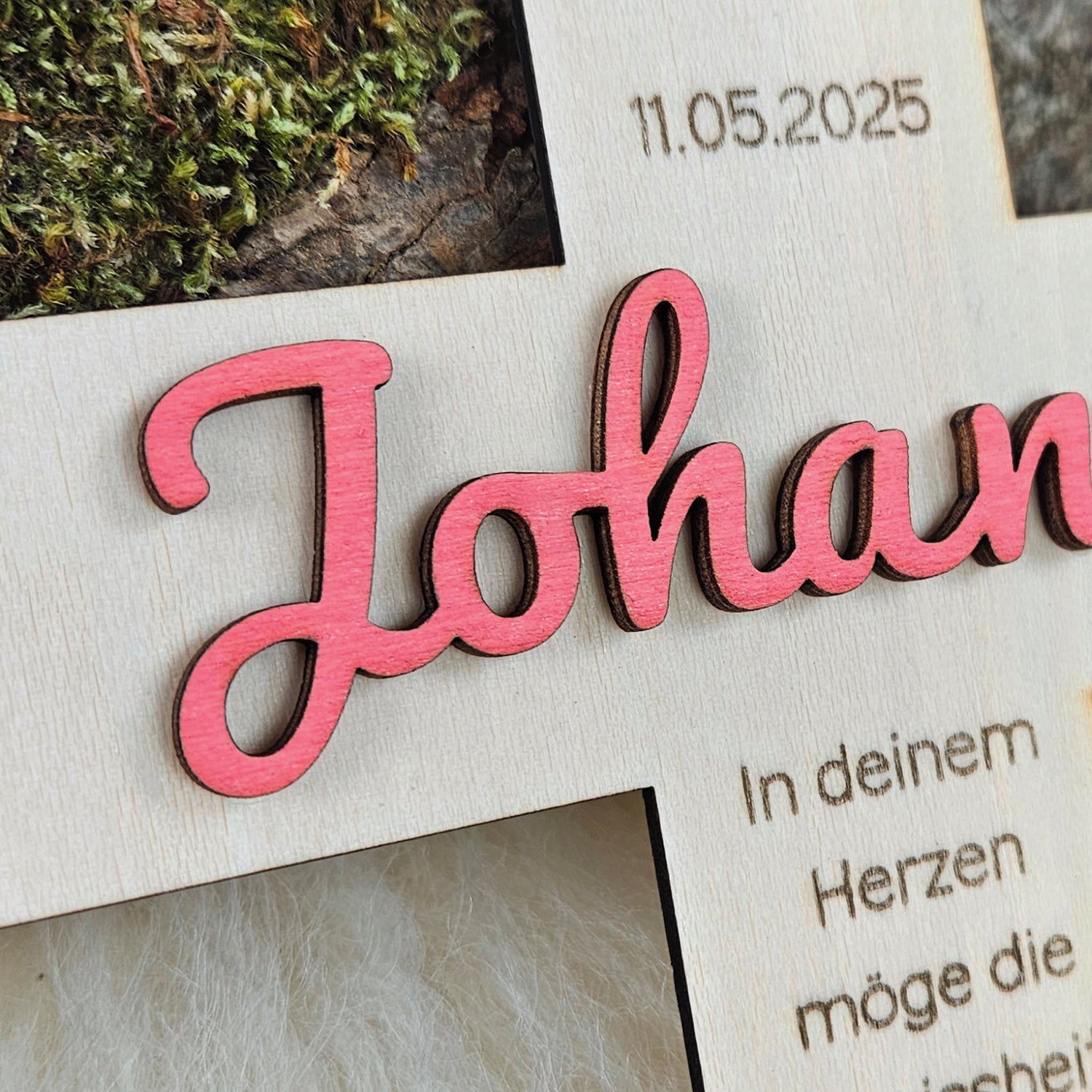 Personalisiertes Kreuz zu Taufe, Segnung - 3D Holzkreuz mit Namen (rosa) &amp; Wunschspruch
