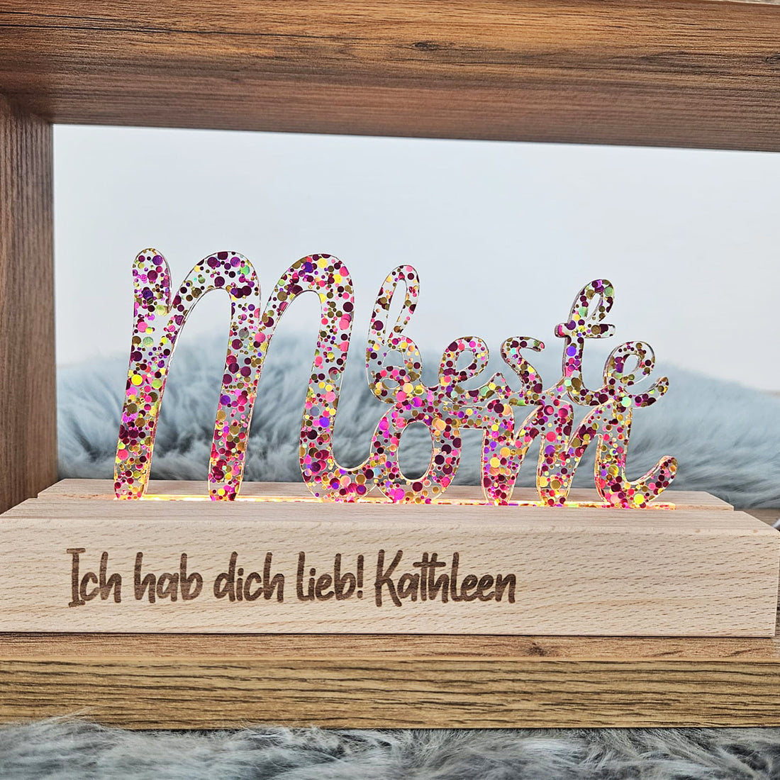 "Beste Mom" (beste Mama), personalisierte Tischlampe / Licht / Nachtlich Glitter-Konfetti gold, LED Lampe mit Wunschgravur