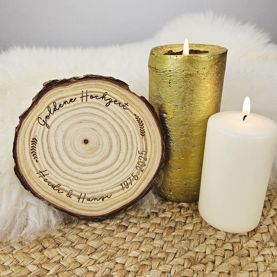 Personalisierte Kerzenteller Baumscheibe, Kerzenuntersetzer mit Wunschgravur,  Hochzeit Kommunion Taufe Geburtstag Silberhochzeit
