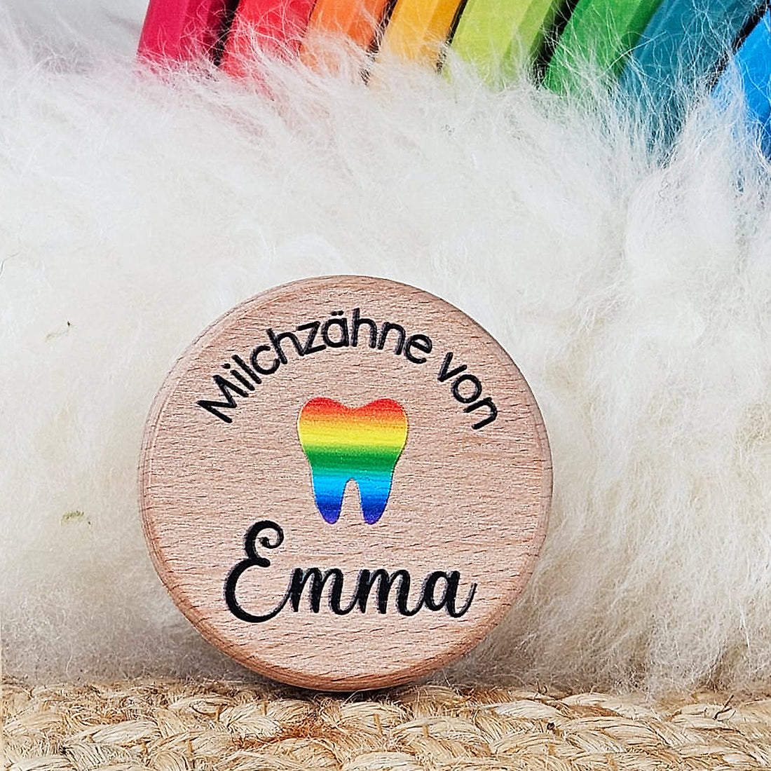 Personalisierte Zahndose, Holzdose mit Wunschname, Holzdose Milchzähne, Regenbogen, Milchzahndose Buchenholz