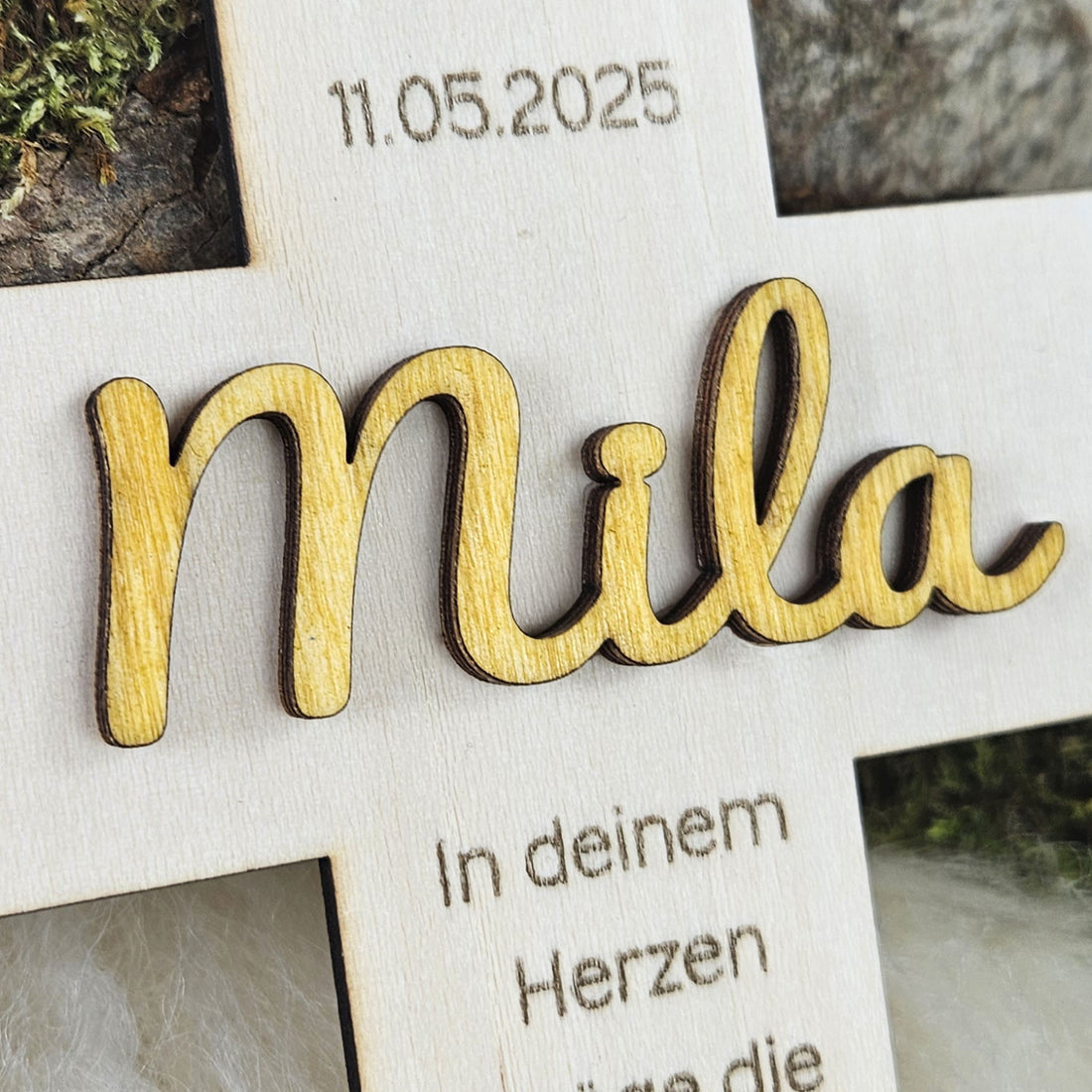 Personalisiertes Kreuz zu Taufe, Segnung - 3D Holzkreuz mit Namen &amp; Wunschspruch
