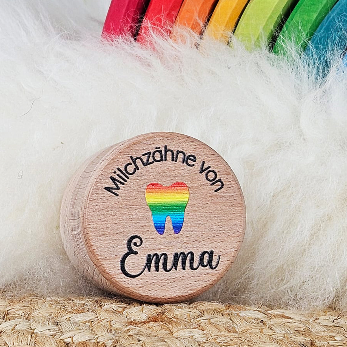 Personalisierte Zahndose, Holzdose mit Wunschname, Holzdose Milchzähne, Regenbogen, Milchzahndose Buchenholz (Kopie)