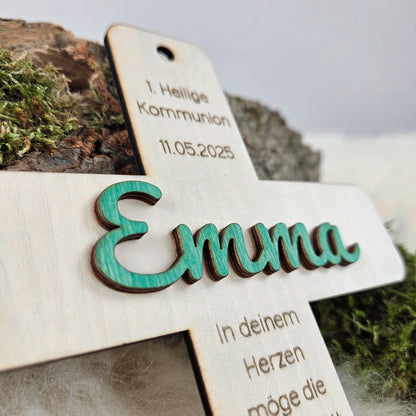 Personalisiertes Kreuz zu Taufe, Segnung - 3D Holzkreuz mit Namen &amp; Wunschspruch