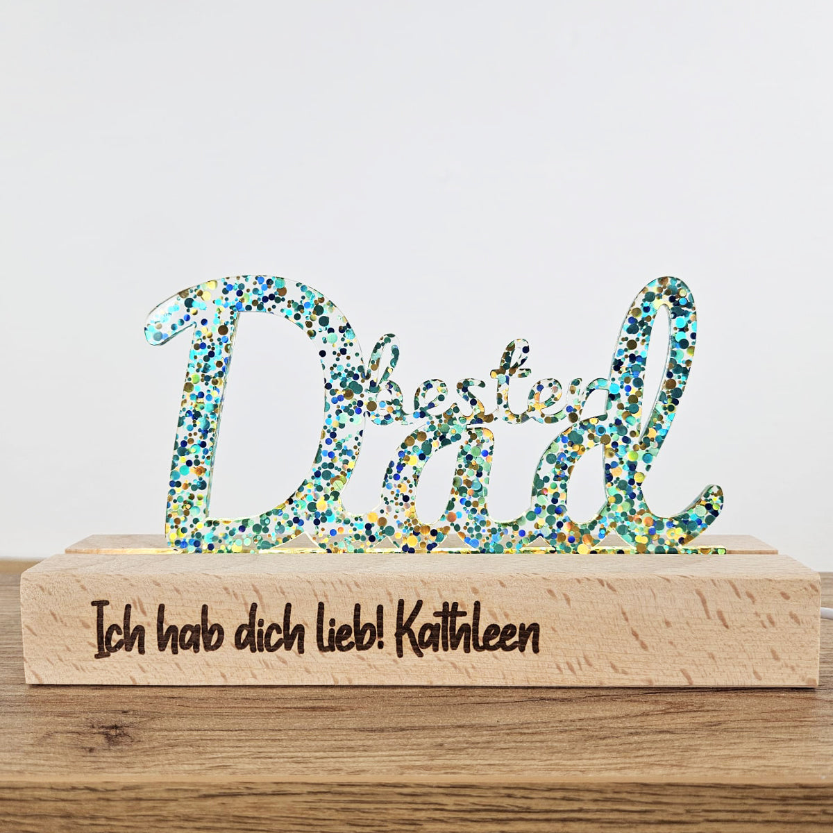 "Bester Dad" (besterPapa), personalisierte Tischlampe / Licht / Nachtlich Glitter-Konfetti gold, LED Lampe mit Wunschgravur (Kopie)