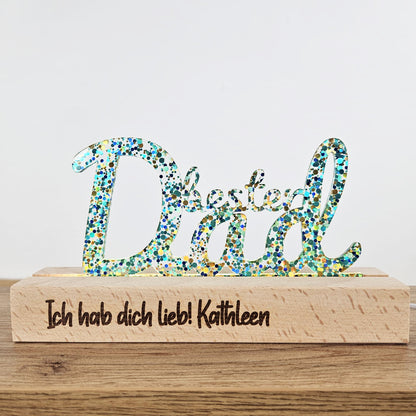 "Bester Dad" (besterPapa), personalisierte Tischlampe / Licht / Nachtlich Glitter-Konfetti gold, LED Lampe mit Wunschgravur (Kopie)