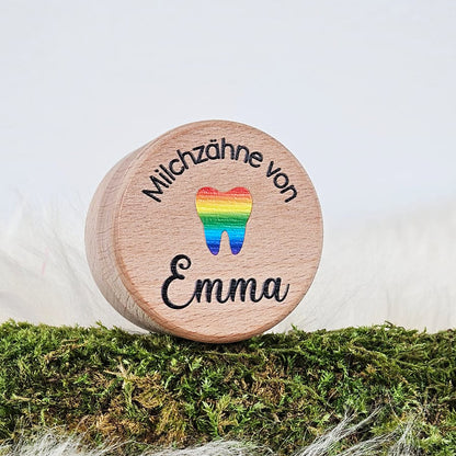 Personalisierte Zahndose, Holzdose mit Wunschname, Holzdose Milchzähne, Regenbogen, Milchzahndose Buchenholz (Kopie)