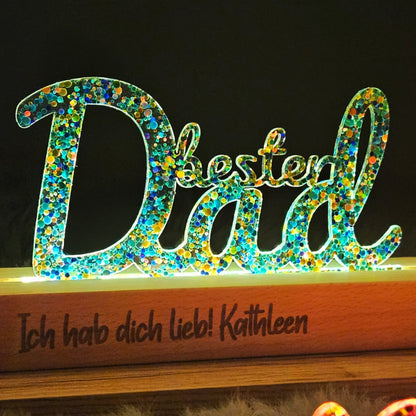 "Bester Dad" (besterPapa), personalisierte Tischlampe / Licht / Nachtlich Glitter-Konfetti gold, LED Lampe mit Wunschgravur (Kopie)