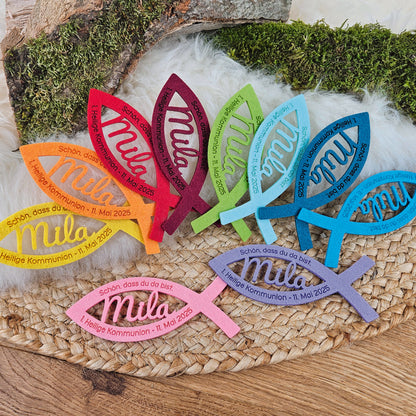 Personalisierte Tischdeko "große Fische" Regenbogenfarben (mit rosa) für Kommunion, Taufe, Konfirmation, Segnung