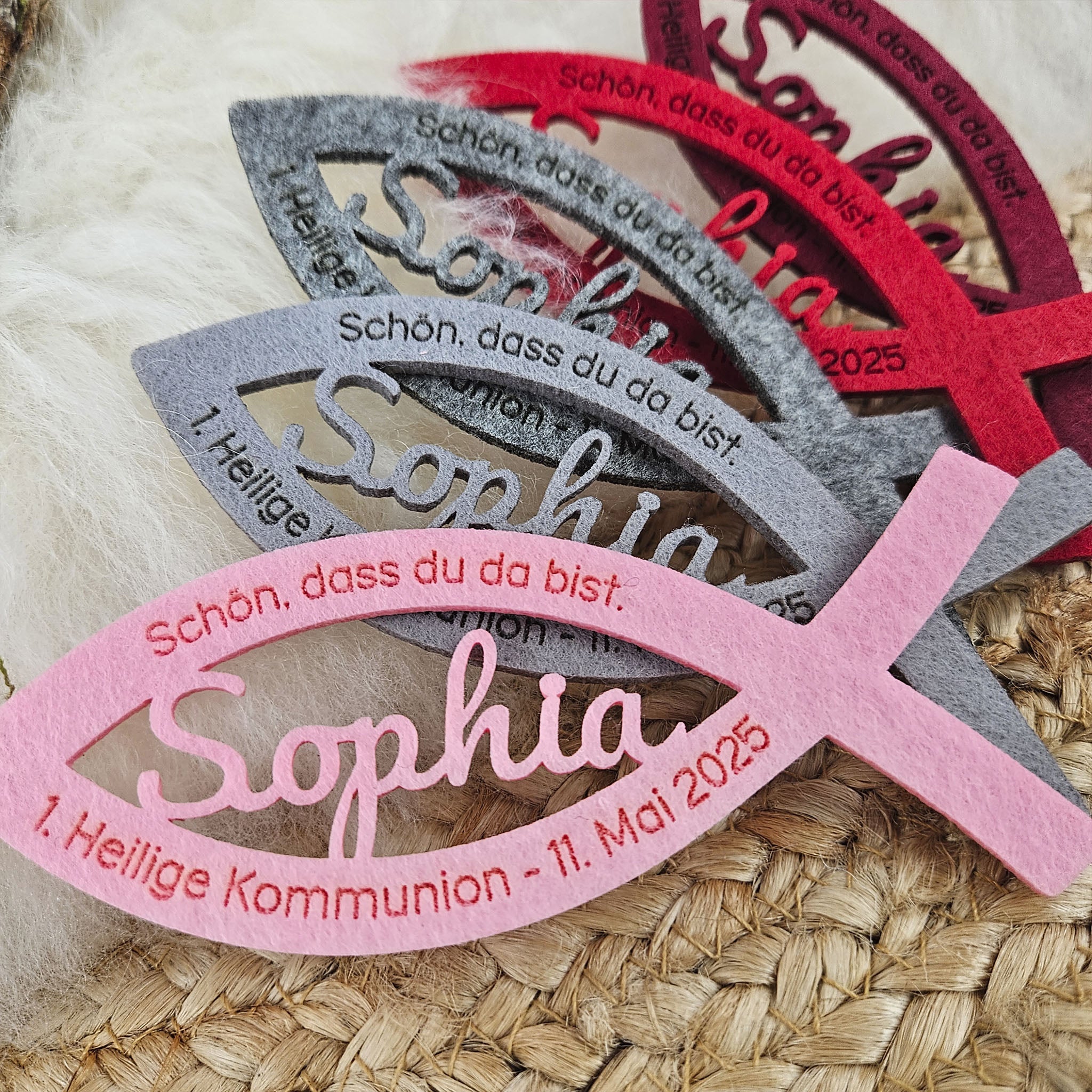 Personalisierte Tischdeko "große Fische" Rosa-Rot-Grautöne für Kommunion, Taufe, Konfirmation, Segnung