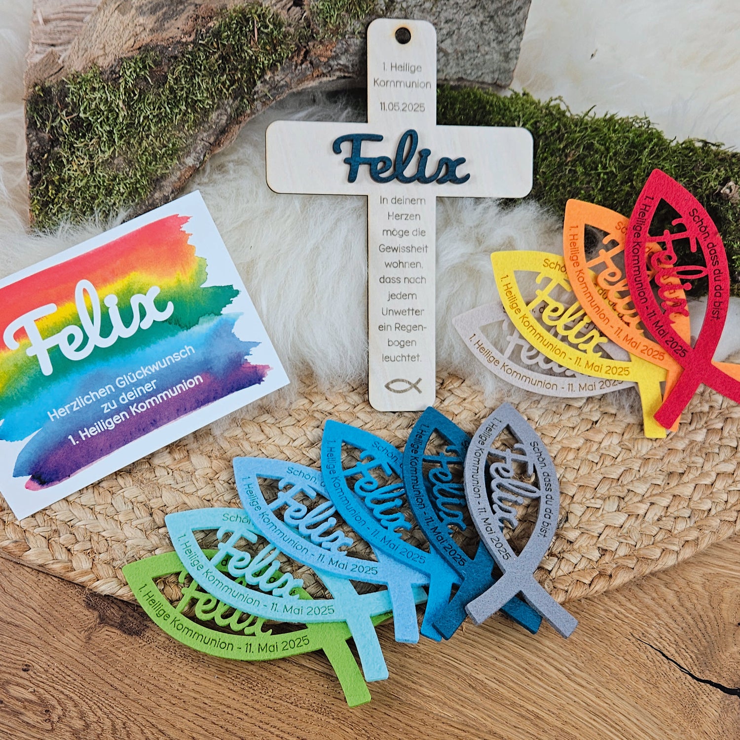 Personalisierte Tischdeko "große Fische" Regenbogenfarben (ohne rosa) für Kommunion, Taufe, Konfirmation, Segnung