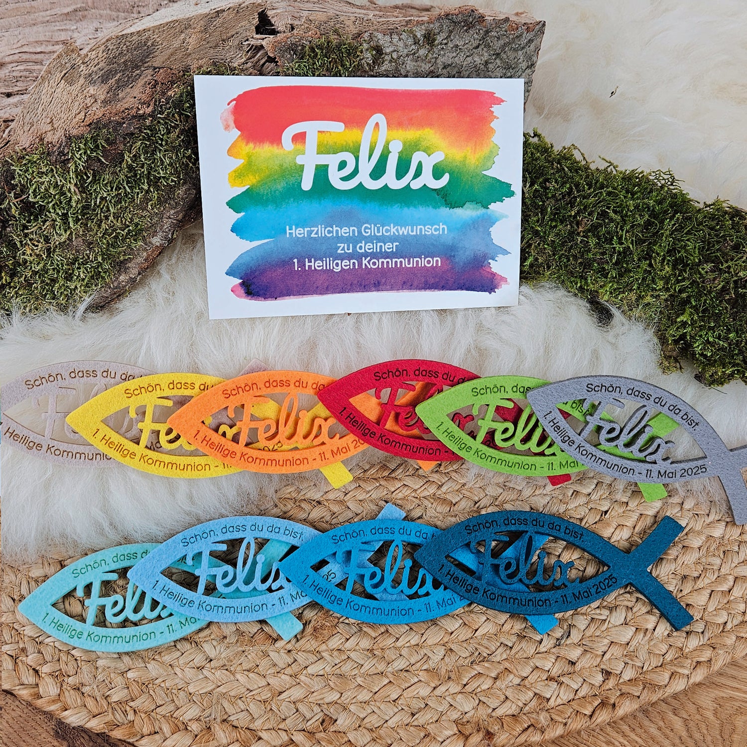 Personalisierte Tischdeko "große Fische" Regenbogenfarben (ohne rosa) für Kommunion, Taufe, Konfirmation, Segnung