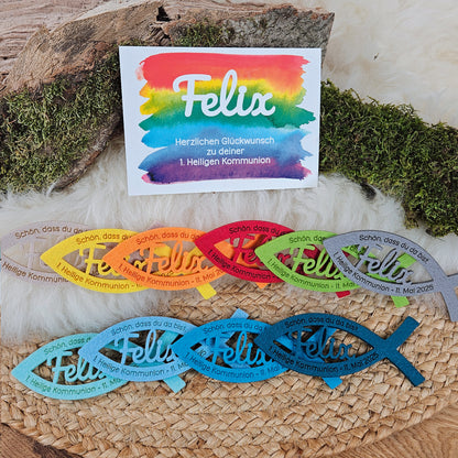 Personalisierte Tischdeko "große Fische" Regenbogenfarben (ohne rosa) für Kommunion, Taufe, Konfirmation, Segnung