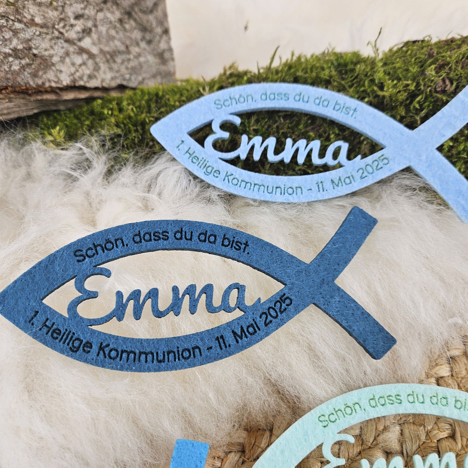 Personalisierte Tischdeko "große Fische" Blautöne für Kommunion, Taufe, Konfirmation, Segnung