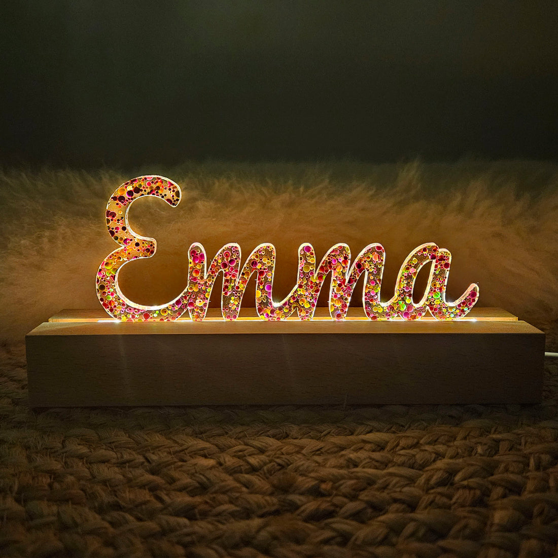 Großes, personalisiertes Nachtlicht Glitter-Konfetti pink gold, LED Lampe mit Wunschname personalisiert