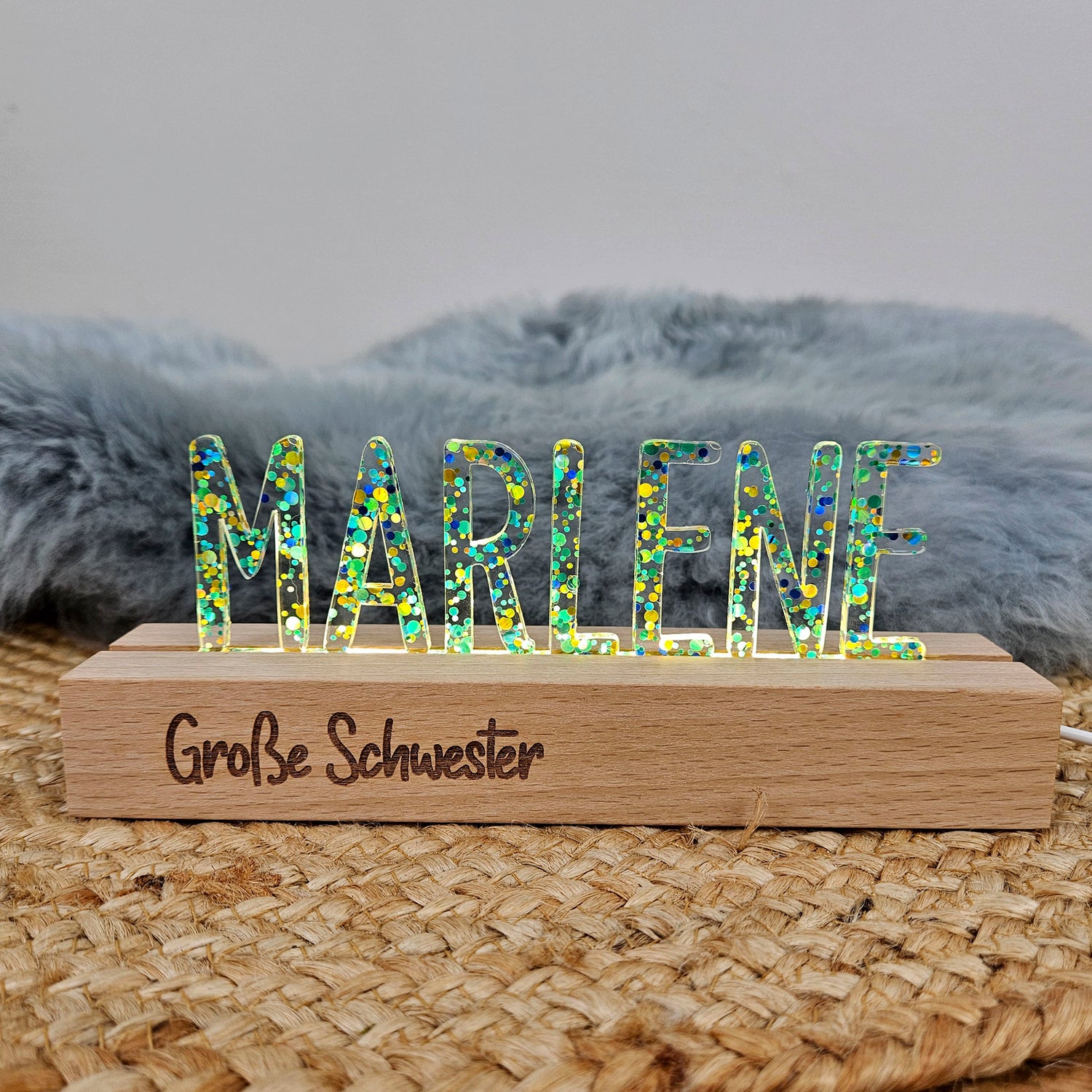Großes, personalisiertes Nachtlicht Glitter-Konfetti petrol türkis, LED Lampe mit Wunschname personalisiert