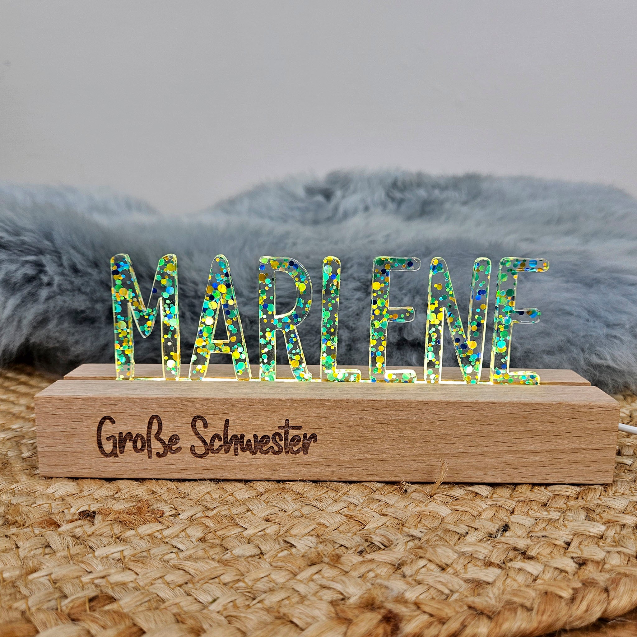 Großes, personalisiertes Nachtlicht Glitter-Konfetti petrol türkis, LED Lampe mit Wunschname personalisiert