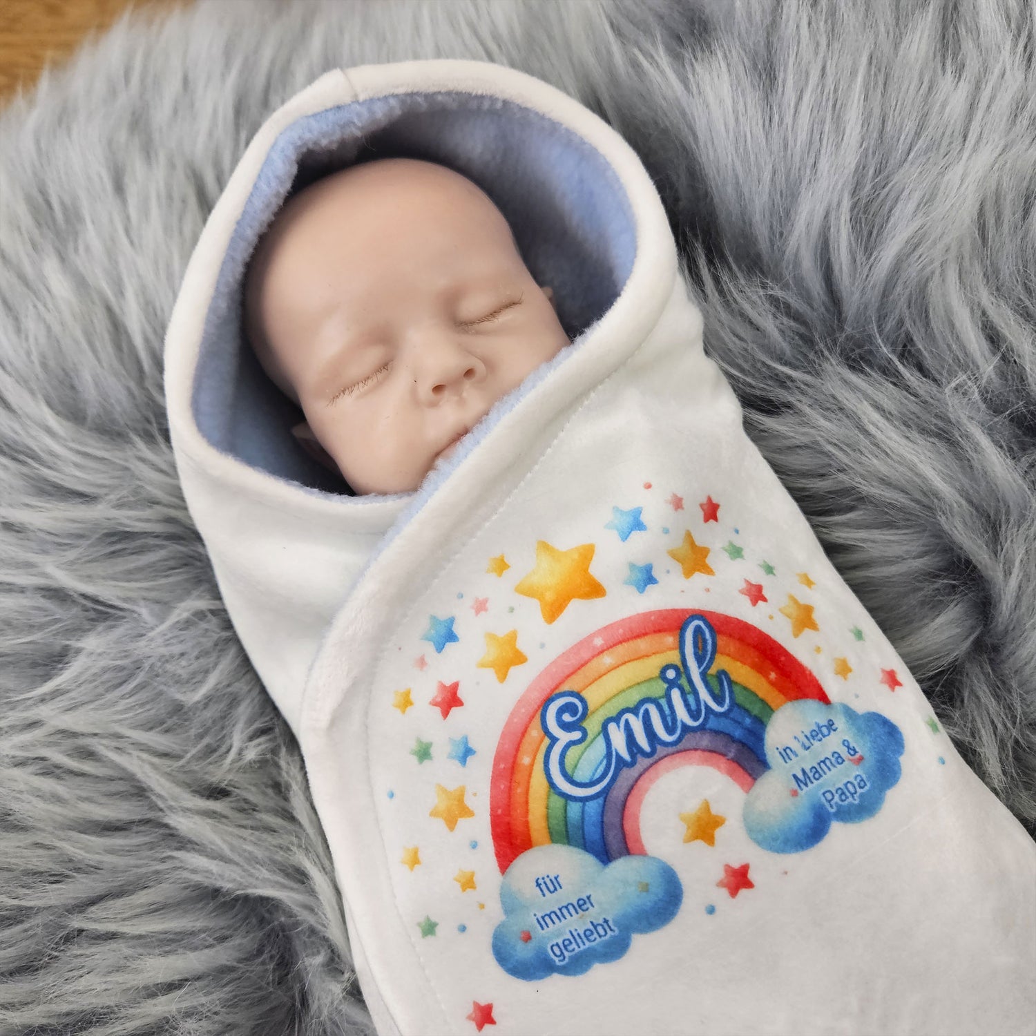 Personalisierte Sternenkind-Samt-Einschlagdecke "Regenbogen"