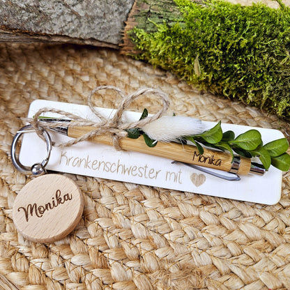 Geschenkset personalisierter Kugelschreiber &amp; Schlüsselanhänger für Lehrer, Erzieher, Hebamme, flegepersonal... Dankeschön