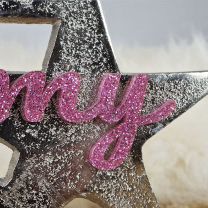 Personalisierter, großer Kerzenhalter "Sterne" mit rosa Schrift, Kerzenständer Taufkerze, Kommunionkerze Trauerkerze Sternenkind