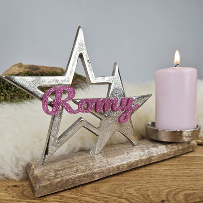 Personalisierter, großer Kerzenhalter "Sterne" mit rosa Schrift, Kerzenständer Taufkerze, Kommunionkerze Trauerkerze Sternenkind